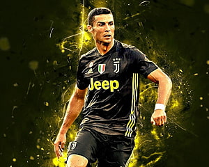 Cristiano Ronaldo in Juventus Black Kit with Dynamic Yellow Energy Effects HD wallpaper
