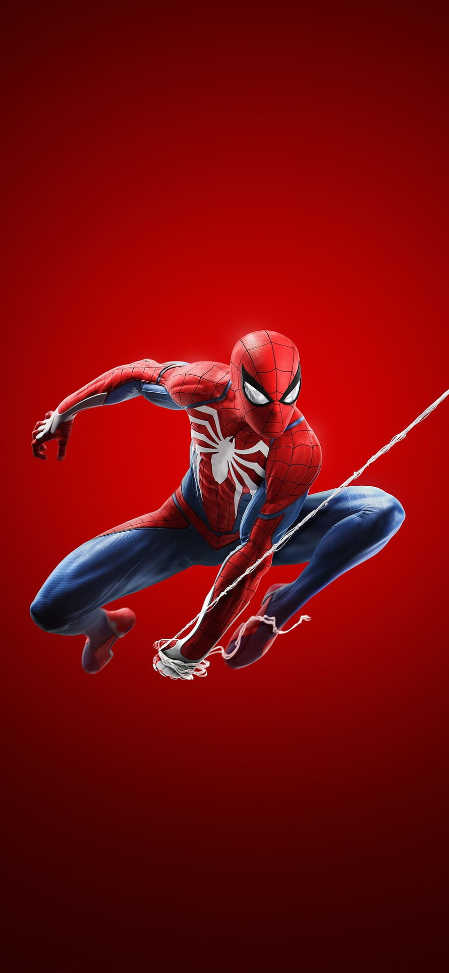 Spider-Man in Dynamic Crouching Pose with Web Line Against Deep Red Background HD phone wallpaper