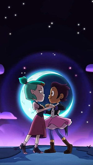Lumity and Owl Dancing Under a Glowing Moon in Owl House HD phone wallpaper