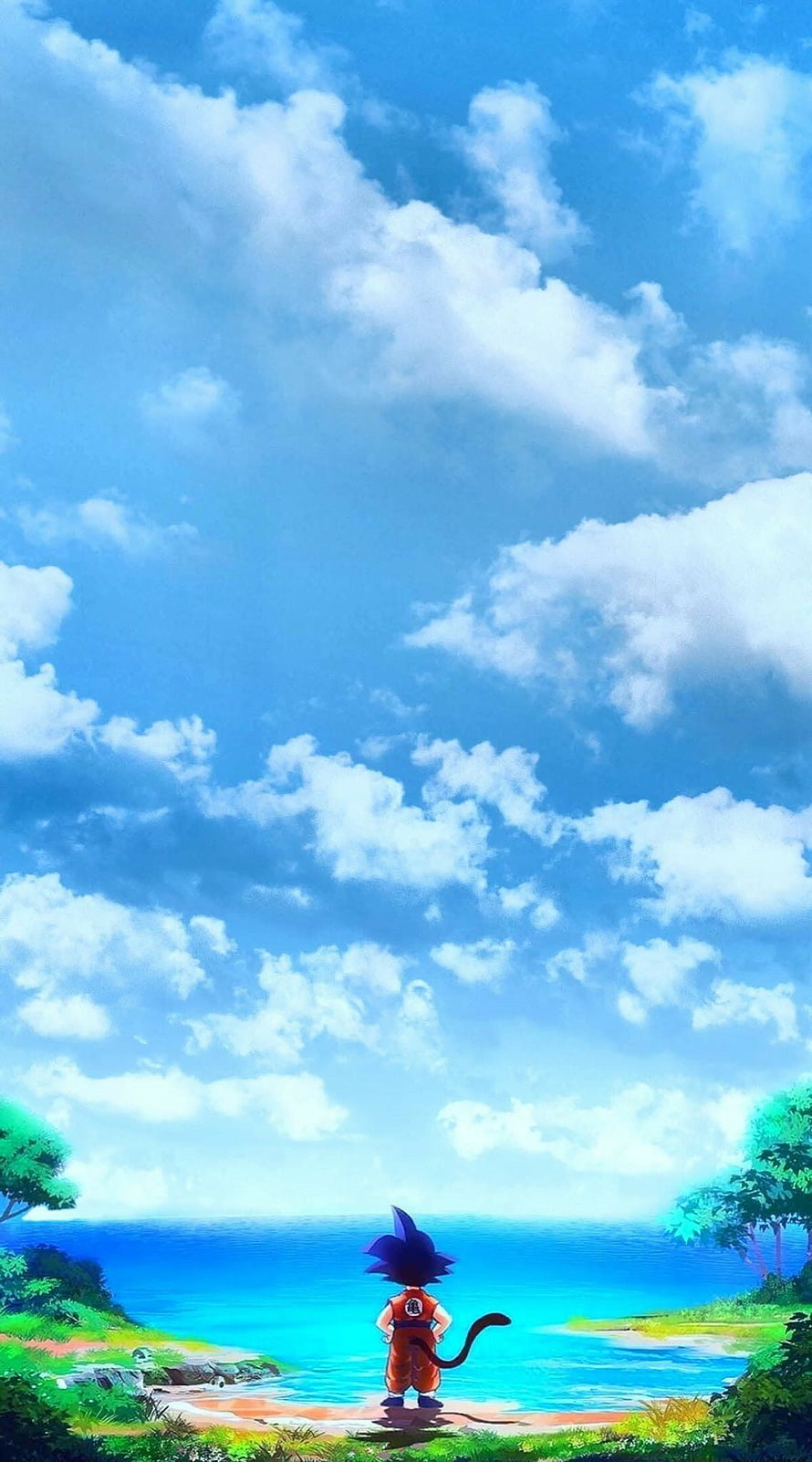 Young Goku Standing on a Tropical Beach Under a Bright Blue Sky in Dragon Ball HD phone wallpaper