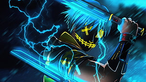 Anime Villain with Glowing Mask and Dual Swords Surrounded by Electric Blue Lightning HD wallpaper