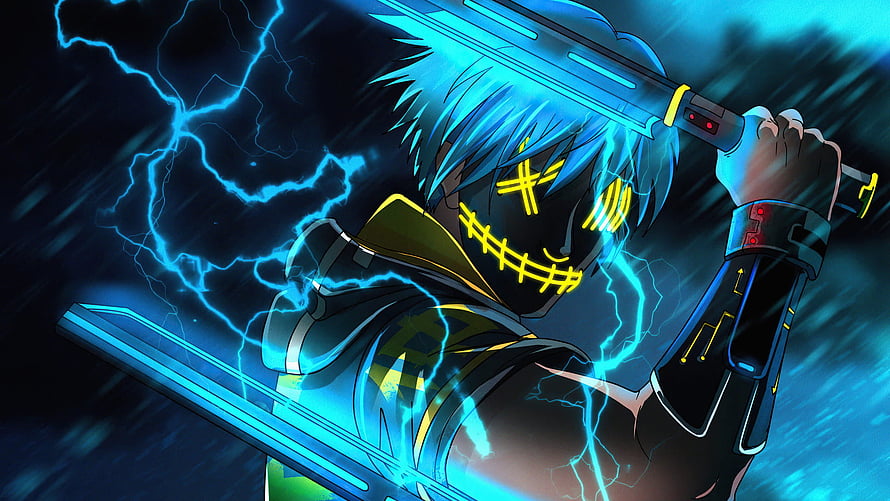 Anime Villain with Glowing Mask and Dual Swords Surrounded by Electric Blue Lightning HD wallpaper