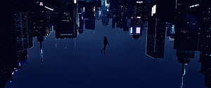 Lone Figure Walking Through a Dark Futuristic Cyberpunk City at Night HD wallpaper