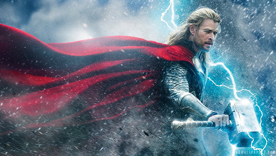 Thor Wielding Mjolnir in a Stormy Battle Scene with Flowing Red Cape HD wallpaper