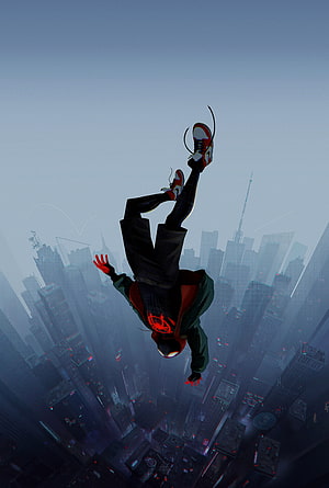 Miles Morales Falling Through a Foggy Cityscape in a Cinematic Digital Illustration HD phone wallpaper