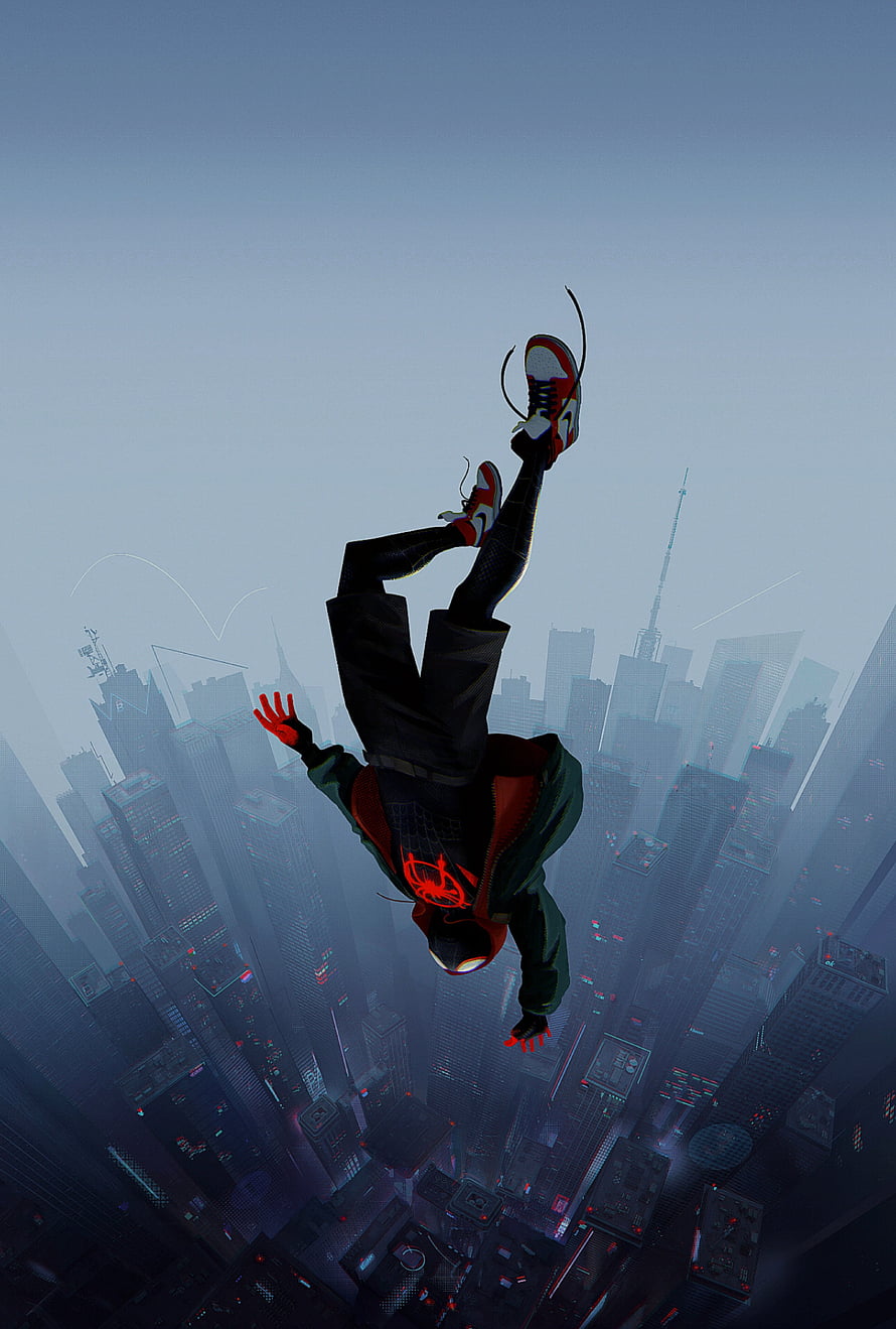 Miles Morales Falling Through a Foggy Cityscape in a Cinematic Digital Illustration HD phone wallpaper