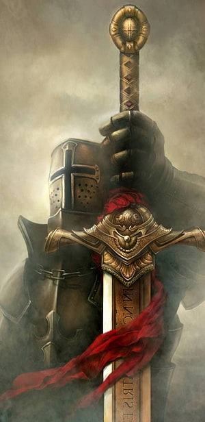 Medieval Templar Knight Holding Ornate Golden Sword with Red Ribbon HD phone wallpaper