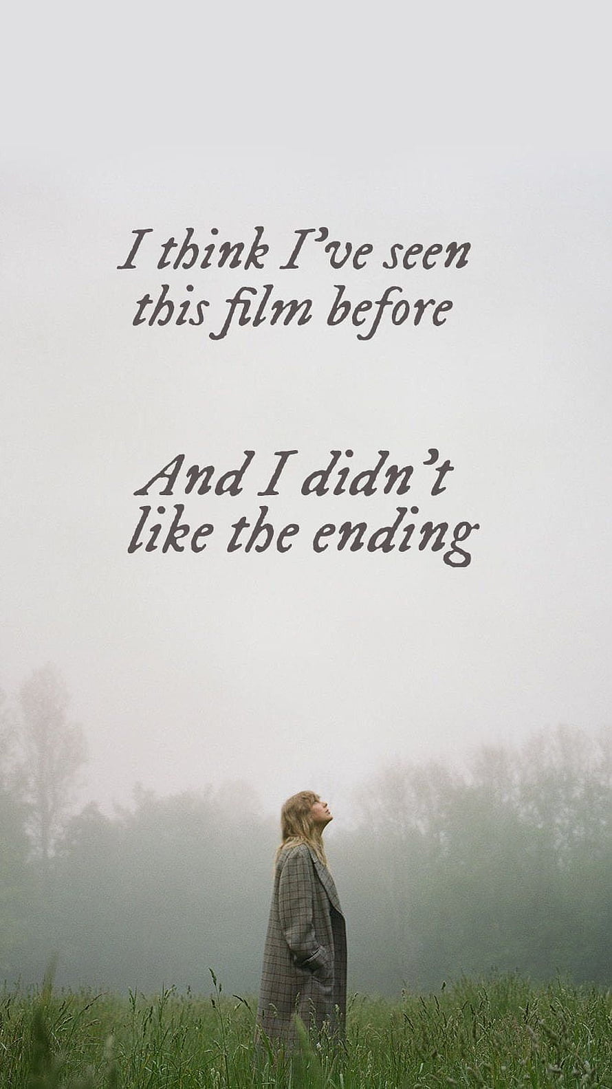 Taylor Swift Folklore Quote on Misty Field with Woman in Plaid Coat HD phone wallpaper
