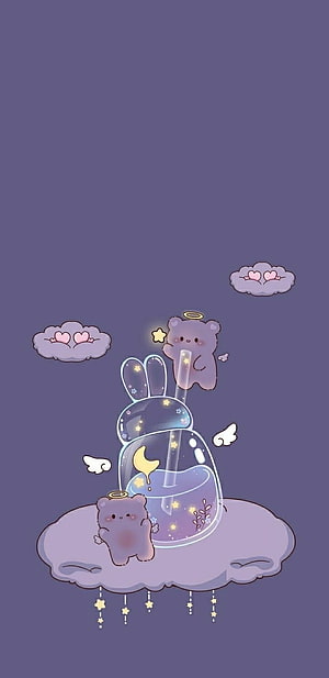 Cute Kawaii Bear and Bunny Bubble Tea on Dreamy Purple Clouds HD phone wallpaper