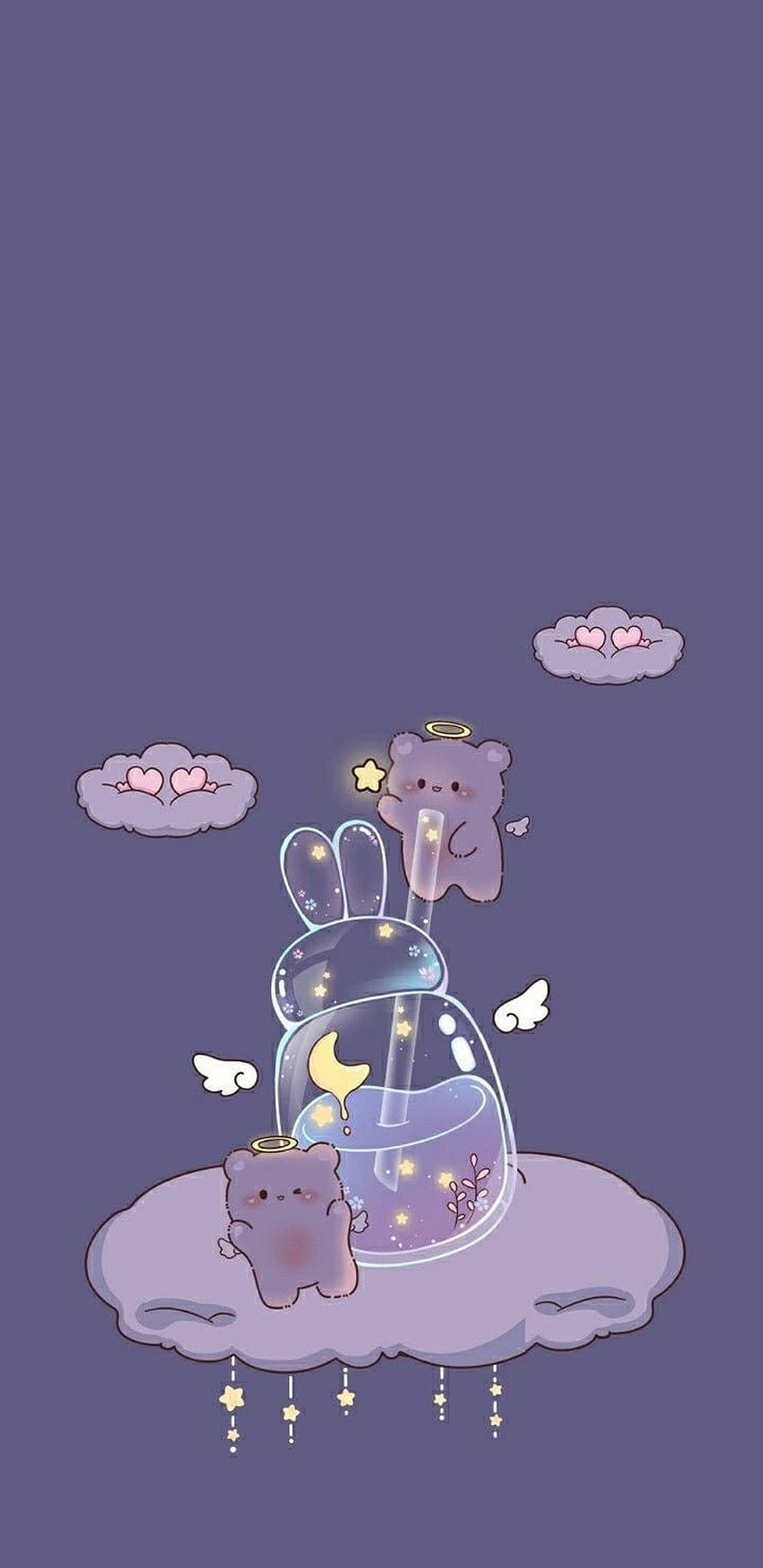 Cute Kawaii Bear and Bunny Bubble Tea on Dreamy Purple Clouds HD phone wallpaper