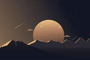 Minimalist Night Sky Illustration Featuring a Large Moon and Mountain Silhouettes HD wallpaper