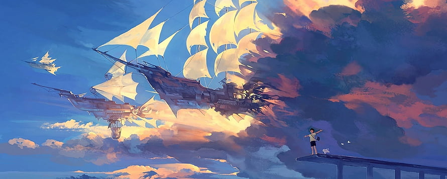 Fantasy Airship Sailing Through Dramatic Sunset Clouds with Small Figure on Platform HD wallpaper