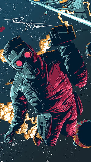 Star-Lord in Red Suit Floating in Space with Explosions and Planets HD phone wallpaper