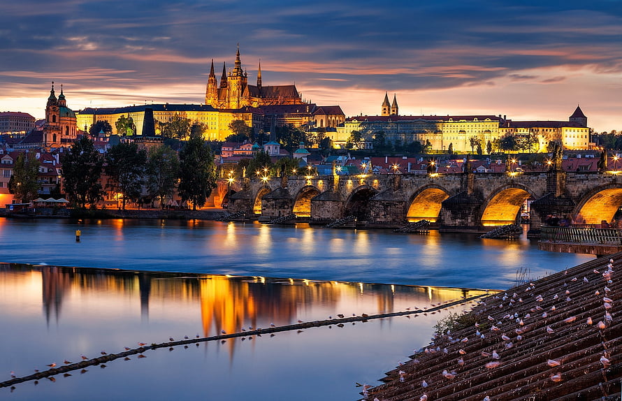 Prague Castle and Charles Bridge at Sunset Over the Vltava River in Czech Republic HD wallpaper