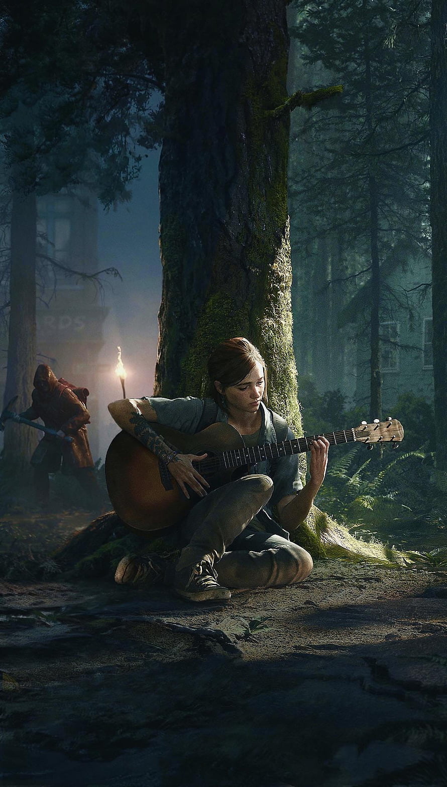 Ellie from The Last of Us Playing Acoustic Guitar in a Misty Forest at Dusk HD phone wallpaper