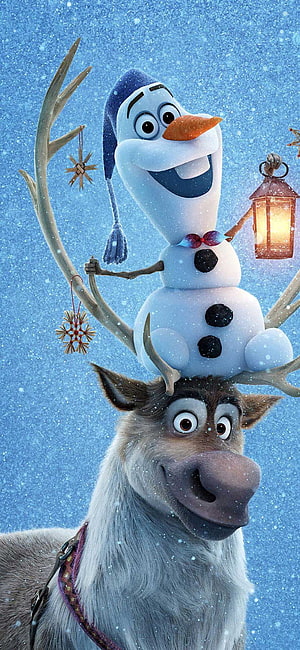 Olaf and Sven from Frozen in a Festive Winter Scene with Snowflakes and a Lantern HD phone wallpaper