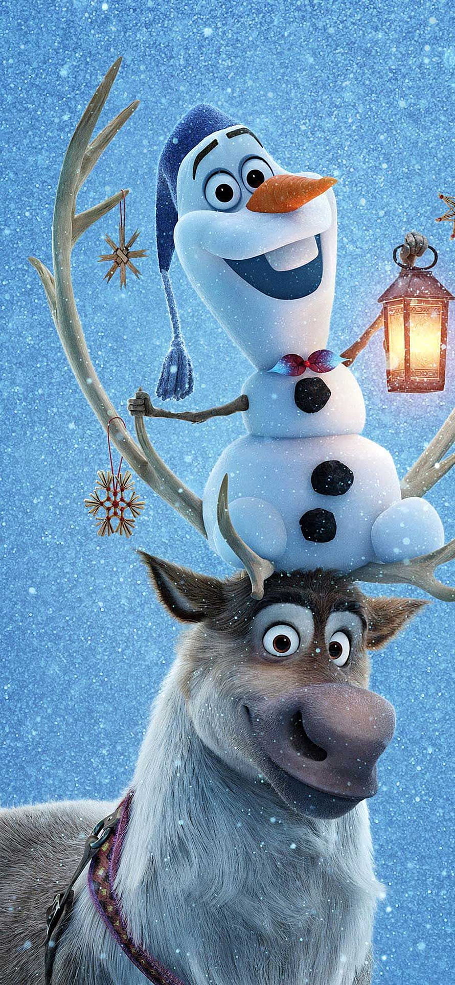 Olaf and Sven from Frozen in a Festive Winter Scene with Snowflakes and a Lantern HD phone wallpaper