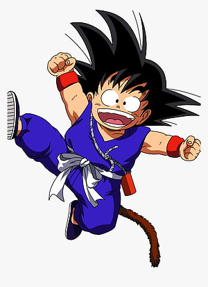 Kid Goku in Blue Gi with Tail Jumping in Dragon Ball Anime Style HD phone wallpaper
