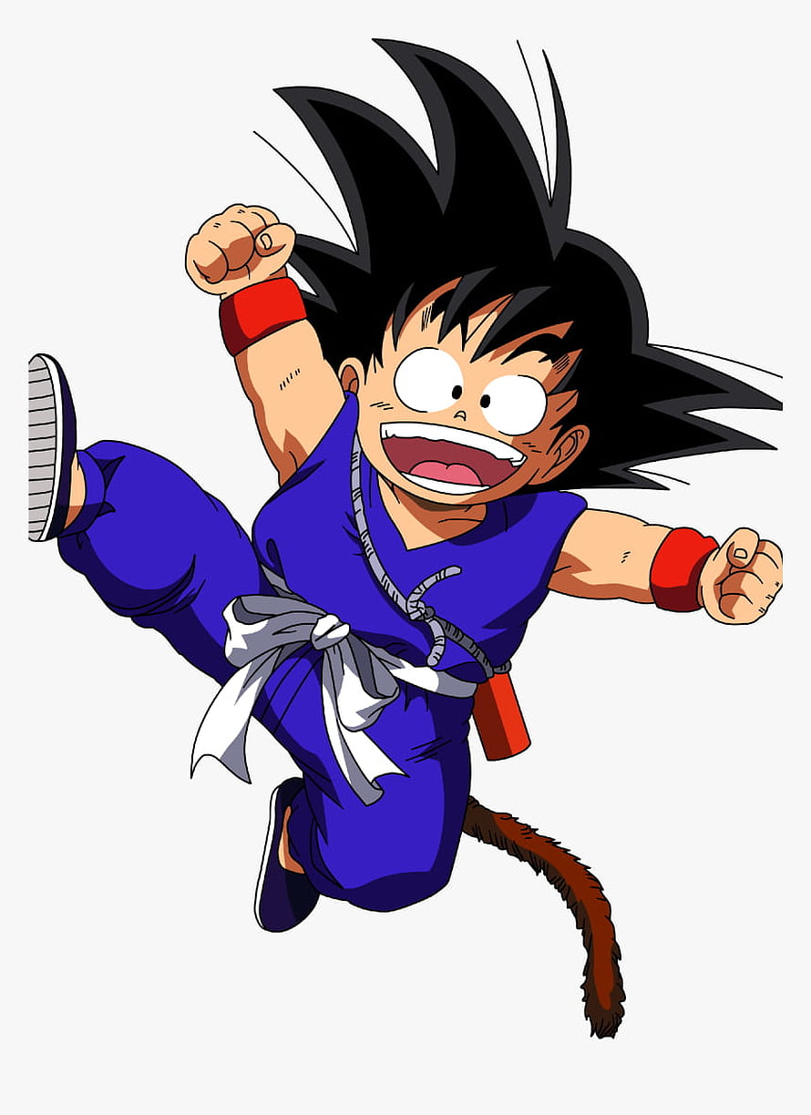 Kid Goku in Blue Gi with Tail Jumping in Dragon Ball Anime Style HD phone wallpaper