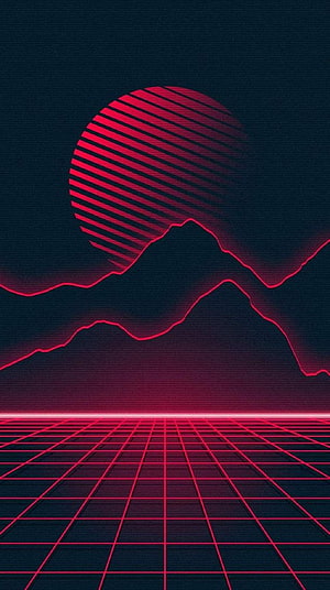 Red and Black Vaporwave Landscape with Neon Grid Floor and Striped Sun HD phone wallpaper
