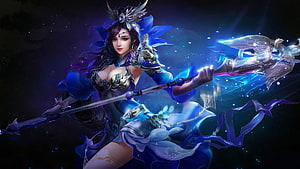 Blue Fantasy Warrior Woman Wielding Glowing Winged Staff in Digital Art HD wallpaper