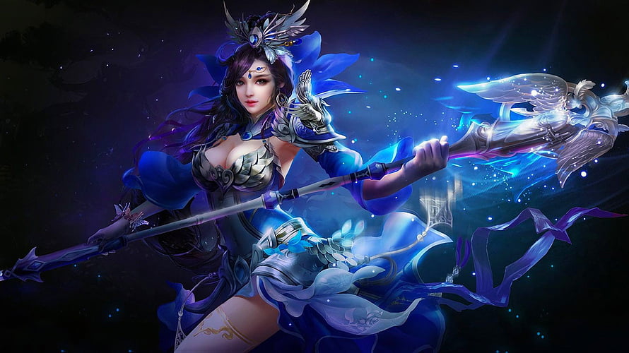 Blue Fantasy Warrior Woman Wielding Glowing Winged Staff in Digital Art HD wallpaper