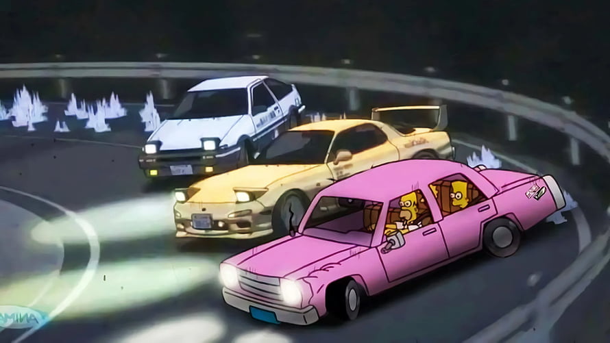 Simpsons Animated Night Street Race with Three Cars on a Curved Track HD wallpaper