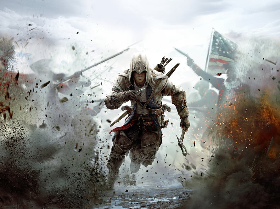Assassin's Creed 3: Hooded Assassin Sprinting Through Battlefield Smoke and Debris HD wallpaper