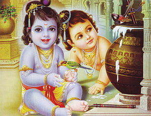 Baby Krishna and Balarama Playing with Butter in a Traditional Indian Temple Setting HD wallpaper
