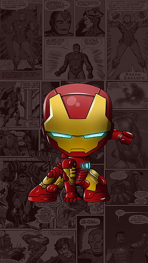 Chibi Iron Man Character with Glowing Eyes on Comic Book Panel Background, Cute Iron Man Cartoon, Funny Iron Man HD phone wallpaper