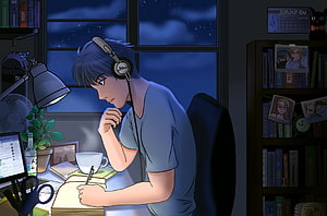 Jimmy Ou Lo-Fi Study Session Illustration with Headphones and Nighttime Desk HD wallpaper