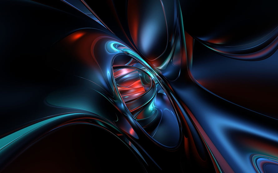 Dark Abstract 3D Liquid Metal Waves with Neon Cyan and Red Accents HD wallpaper