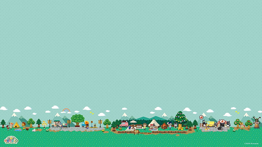 Animal Crossing New Leaf pixel art village scene with characters and buildings HD wallpaper