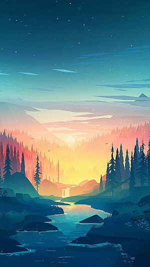 Minimalist Vector Landscape with River, Pine Forest, and Warm Sunset Sky HD phone wallpaper
