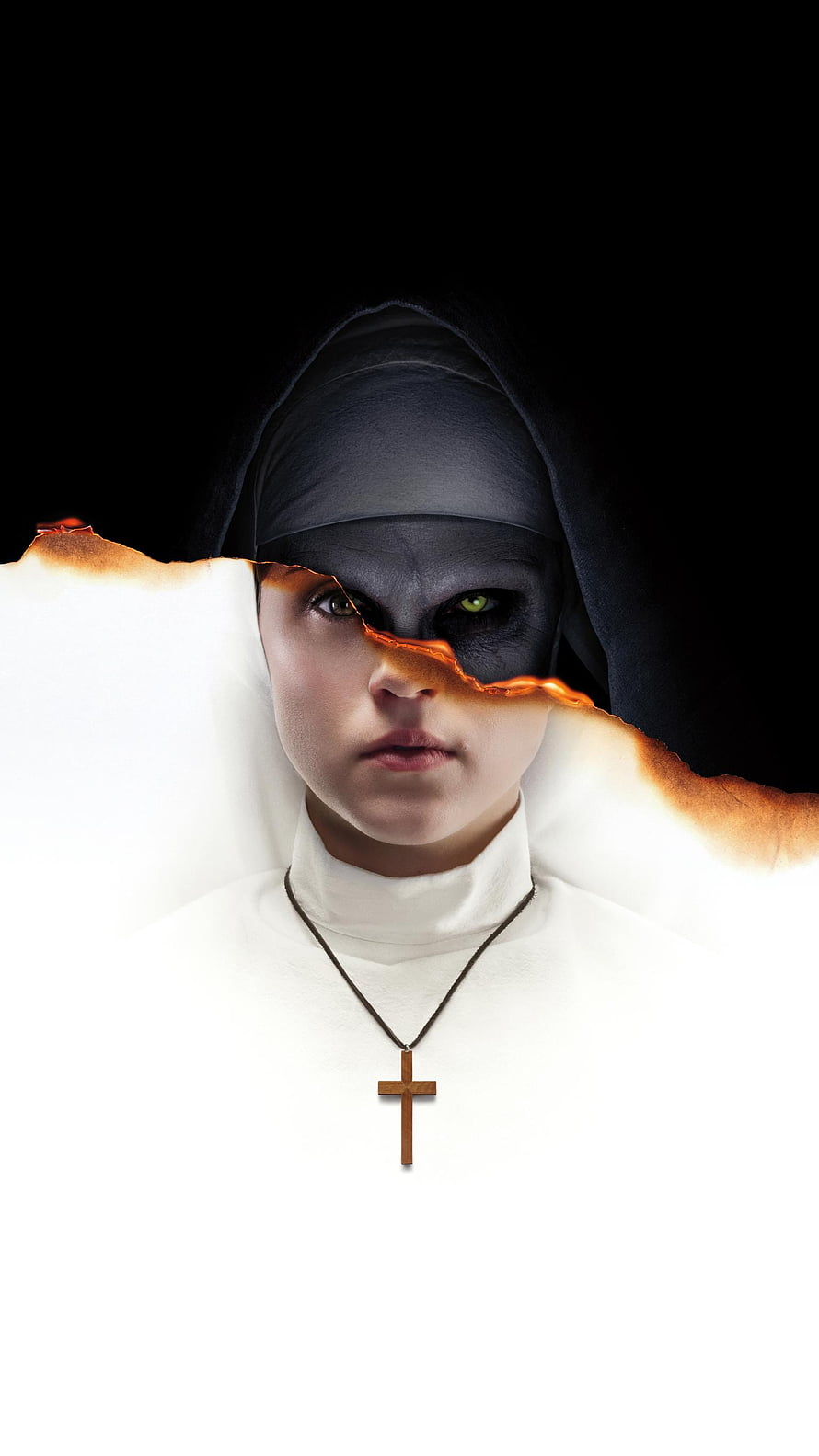 The Nun 2018 Movie Poster Featuring Sister Irene and a Burning Torn Edge Effect HD phone wallpaper