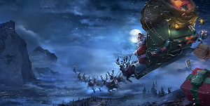 Santa Claus Flying Sleigh with Reindeer Over Snowy Mountains at Night HD wallpaper