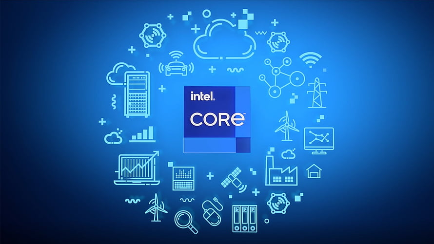 Intel Core Processor Technology Concept with Connected Devices and Cloud Icons on Blue Background HD wallpaper