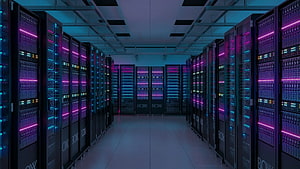 Neon-lit server room with rows of glowing data racks in a futuristic data center HD wallpaper