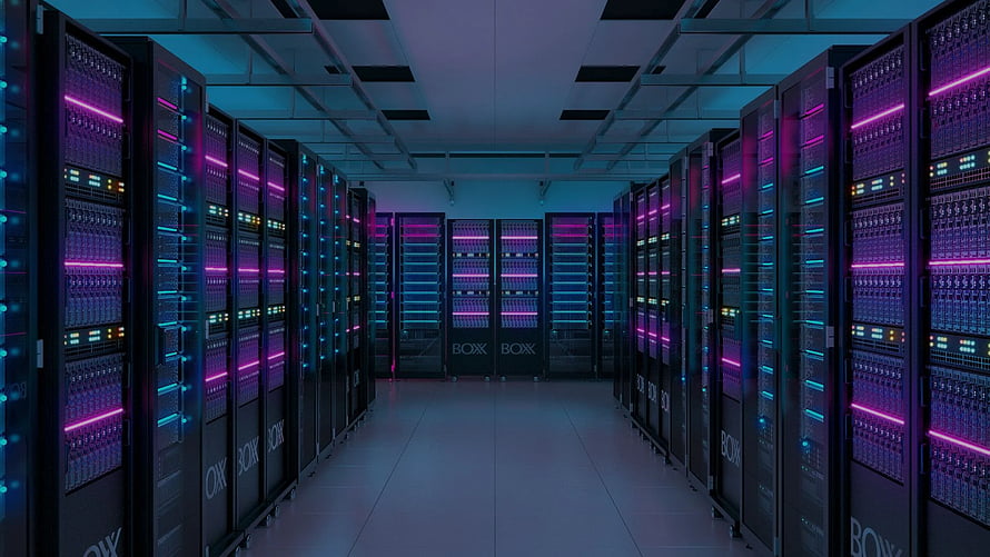 Neon-lit server room with rows of glowing data racks in a futuristic data center HD wallpaper