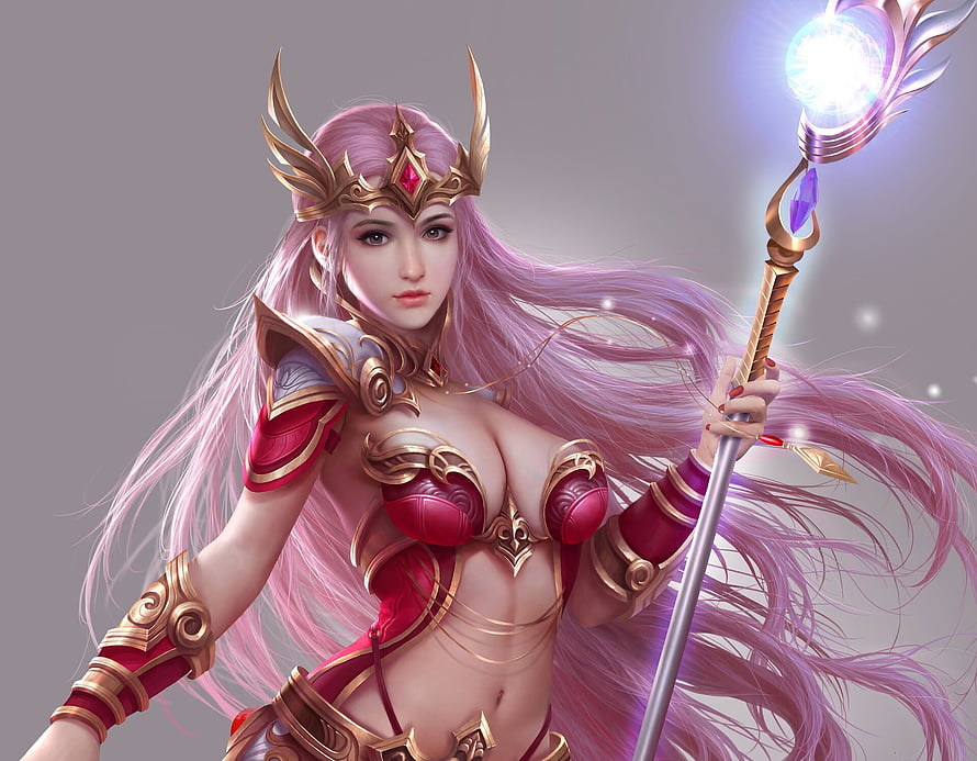 Xiangxiang Lu Fantasy Sorceress With Glowing Staff And Ornate Golden Crown HD wallpaper