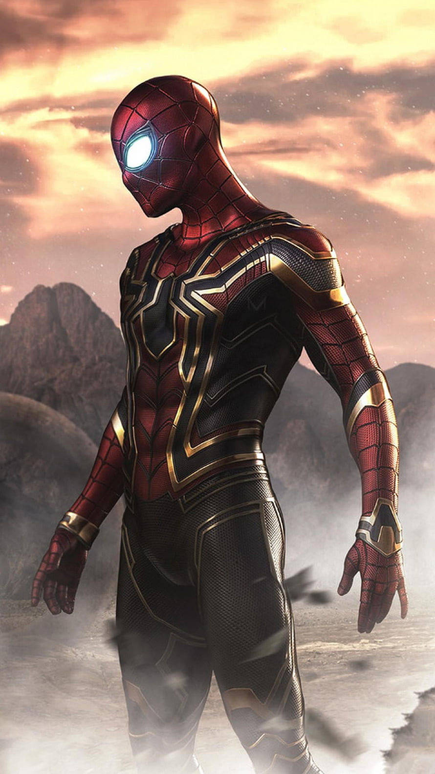 Spider-Man in Iron Spider Armor Standing in a Misty Rocky Landscape at Sunset HD phone wallpaper