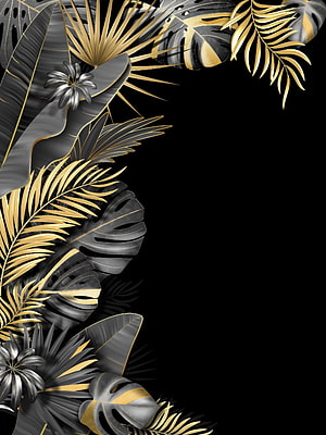 Luxurious Gold and Silver Tropical Leaf Frame on Black Background HD phone wallpaper