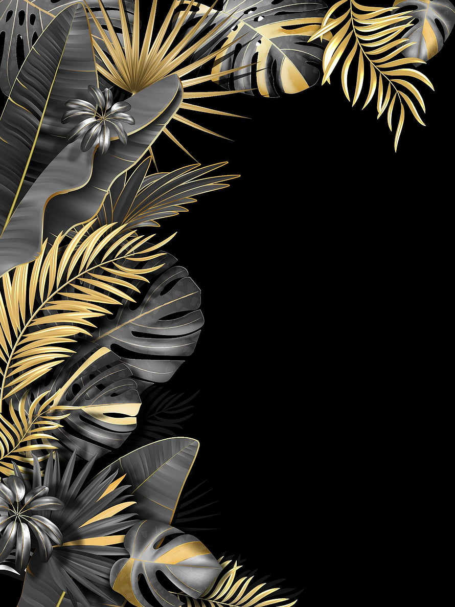 Luxurious Gold and Silver Tropical Leaf Frame on Black Background HD phone wallpaper