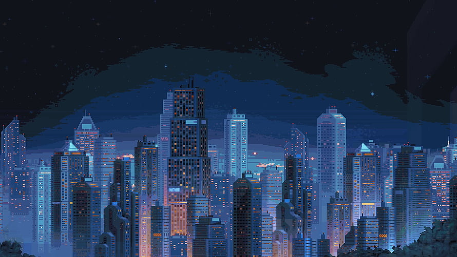 Retro Pixel Art Night City Skyline With Glowing Skyscrapers And Starry Sky HD wallpaper