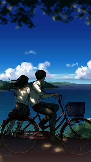 Anime Couple Riding a Bicycle Along a Scenic Coastal Path Under a Blue Sky HD phone wallpaper