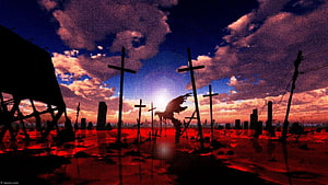 Neon Genesis Evangelion Apocalyptic Landscape with Silhouetted Crosses and Red Horizon HD wallpaper