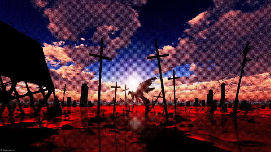 Neon Genesis Evangelion Apocalyptic Landscape with Silhouetted Crosses and Red Horizon HD wallpaper