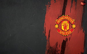 Manchester United Grunge Logo Wallpaper with Red and Black Brushstroke Background HD wallpaper