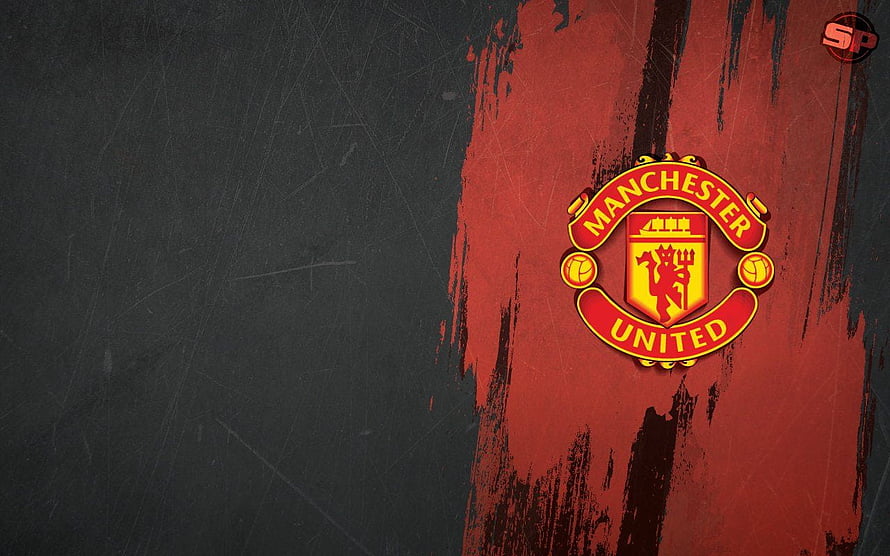 Manchester United Grunge Logo Wallpaper with Red and Black Brushstroke Background HD wallpaper
