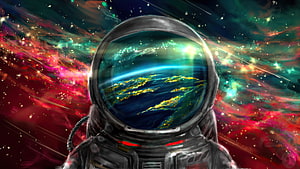 Astronaut Helmet Reflection of Earth in Vibrant Cosmic Nebula Digital Art HD wallpaper